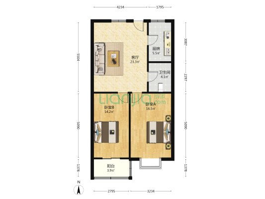 五星商住楼 2室1厅1卫 90平方
