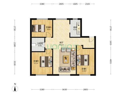 保利观澜二期 3室1厅1卫 110平方