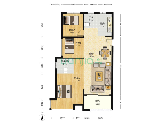 天璞湾花苑 3室1厅2卫 123平方