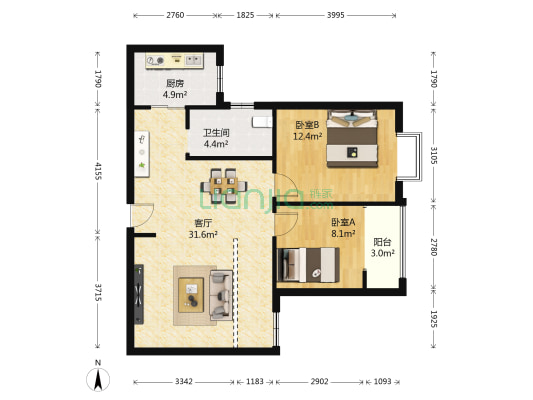 楚天世纪城 2室1厅1卫 90平方