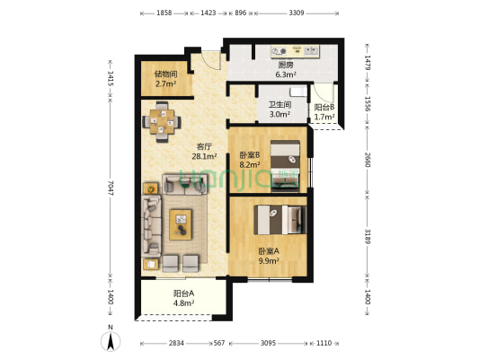 中建壹品新城 2室1厅1卫 87平方
