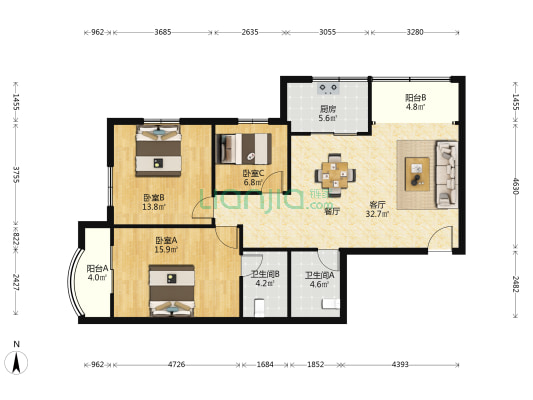海虹苑 3室1厅2卫 121平方