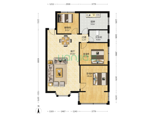 德高名仕城 2室1厅1卫 100平方