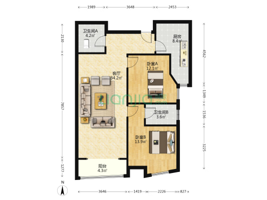 君悦广场钻石商圈 高品质社区 两室双卫-户型图
