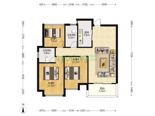 嘉旺城 3室1厅2卫 97平方
