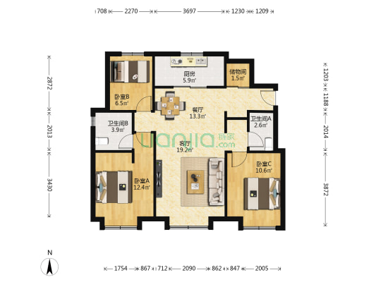 万科翡翠大道北苑 3室2厅2卫 111平方
