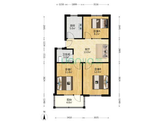 合肥经济管理学校宿舍 3室1厅1卫 70平方