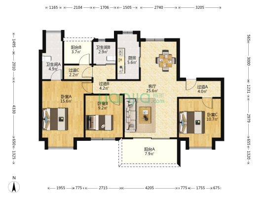 逸涛苑 3室1厅2卫 129平方