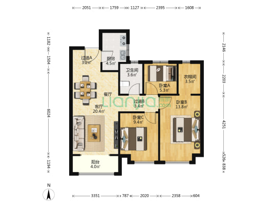 悦尚锦云 3室1厅1卫 98平方