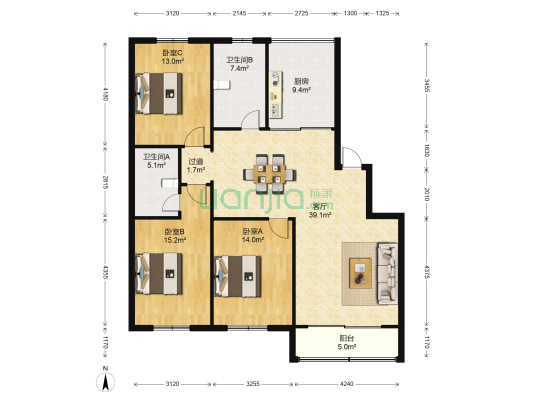 樾阁花园 3室1厅2卫 140平方