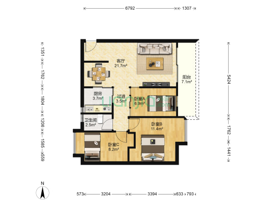 盛大蓝庭 3室1厅1卫 88平方