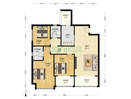 麓鸣九天麓吟苑 3室1厅2卫 121平方