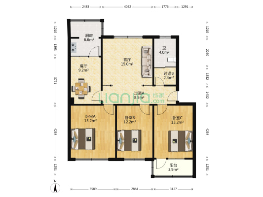 昌大南小区 3室2厅1卫 107平方