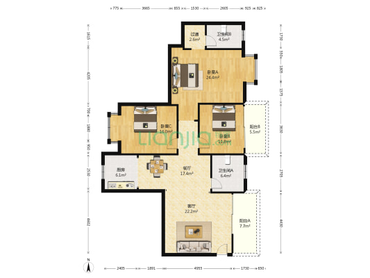 中房·西山公寓 3室2厅2卫 131平方