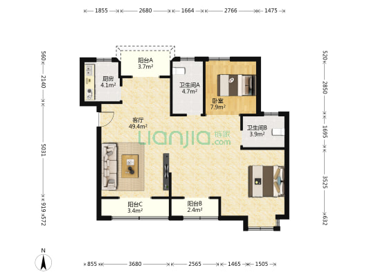 紫轩时代广场 1室1厅2卫 115平方