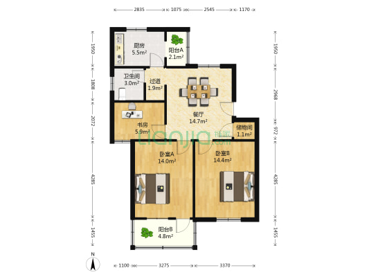 九曲社区 3室1厅1卫 76平方