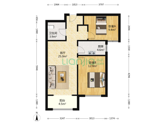 天顶即复 西区南向大2居 满二 不对电梯 视野开阔-户型图