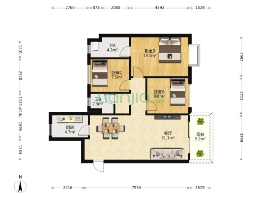 万科星都荟一期 3室1厅2卫 106平方