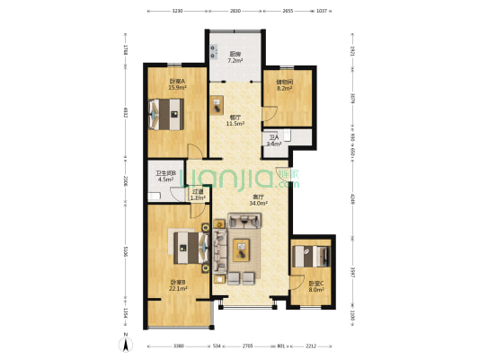 开元南小区 3室2厅2卫 149平方