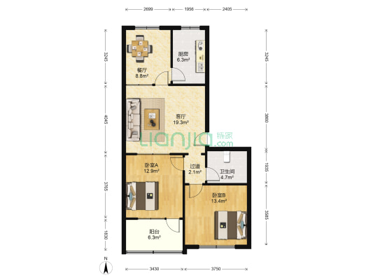 生资宿舍 2室2厅1卫 93平方