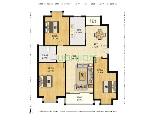 大唐碧华苑 3室2厅1卫 137平方