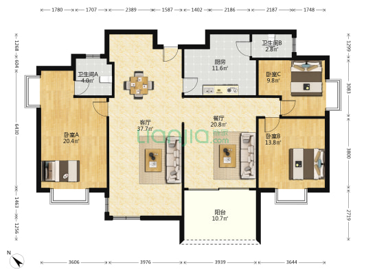 嘉源新城 3室2厅2卫 76平方