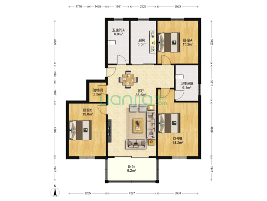 龙西新村莲花苑 3室1厅2卫 130平方