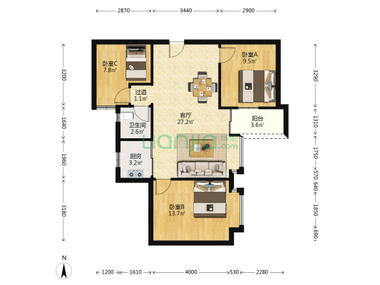 彩云居 3室1厅1卫 84平方