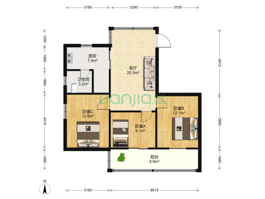 红钢城 3室1厅1卫 97平方
