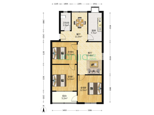 宏达家园 3室2厅1卫 92平方