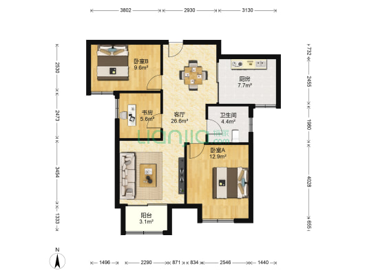 复地悦诚花园 3室1厅1卫 89平方