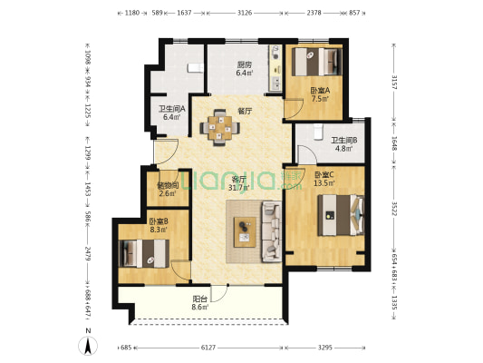 大连金地城 3室1厅2卫 107平方