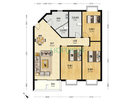 小康苑 3室1厅2卫 115平方