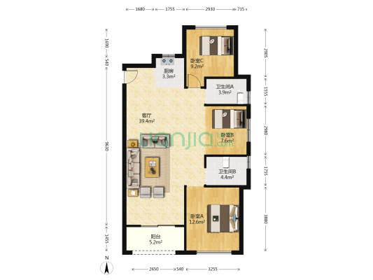 翡翠锦园 3室1厅2卫 117平方
