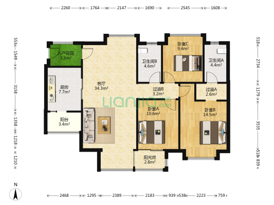 凯德山海连城一期 3室1厅2卫 124平方