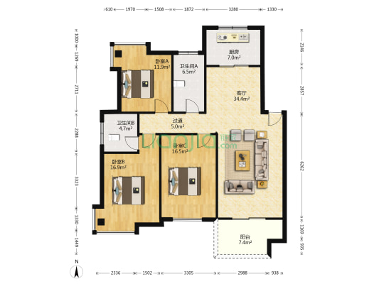 云和雅园 3室1厅2卫 125平方