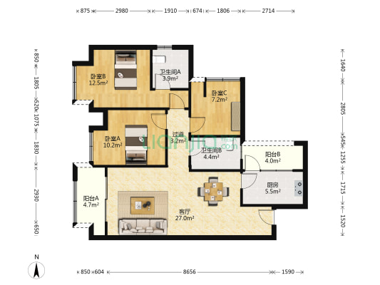 保利云璟宸熙府 3室1厅2卫 96平方