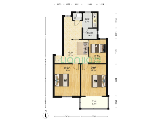中级法院宿舍 3室1厅2卫 74平方
