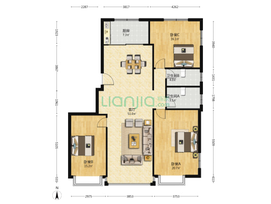 横带桥村 3室1厅2卫 140平方