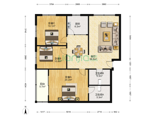 福兴小区 3室1厅2卫 124平方