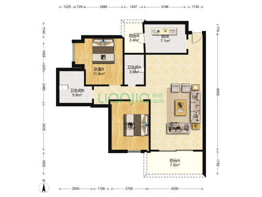怡福阳光花园 2室1厅2卫 112平方