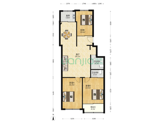 龙浦五街 3室1厅2卫 130平方
