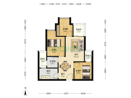 永明荟 3室2厅1卫 68平方