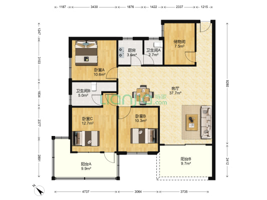 华联 3室1厅2卫 134平方