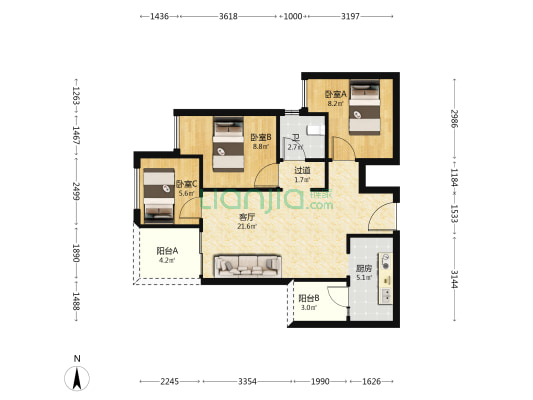 北京城建龙樾生态城樾易府南区 3室1厅1卫 79平方