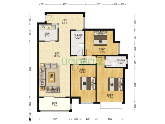 汇水湾公寓 3室1厅2卫 128平方