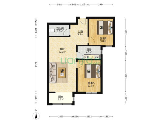 东方丽城 2室1厅1卫 88平方