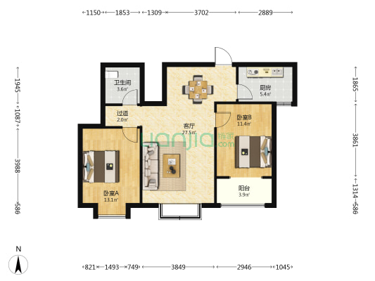 旺角花园 2室1厅1卫 94平方