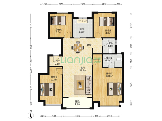 金地格林云上 4室1厅2卫 129平方