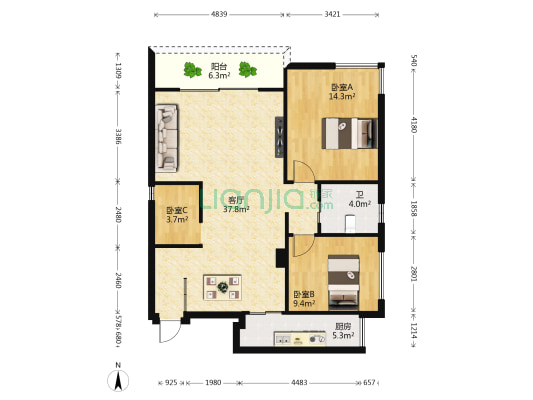 菩提树 3室1厅1卫 106平方